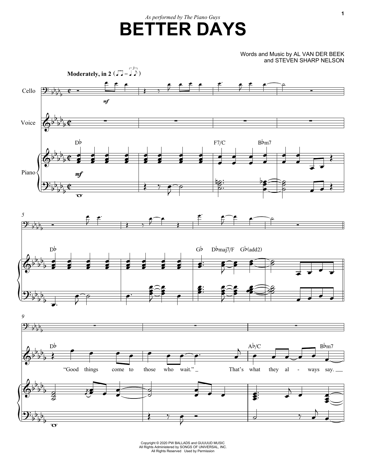 Download The Piano Guys Better Days Sheet Music and learn how to play Cello and Piano PDF digital score in minutes