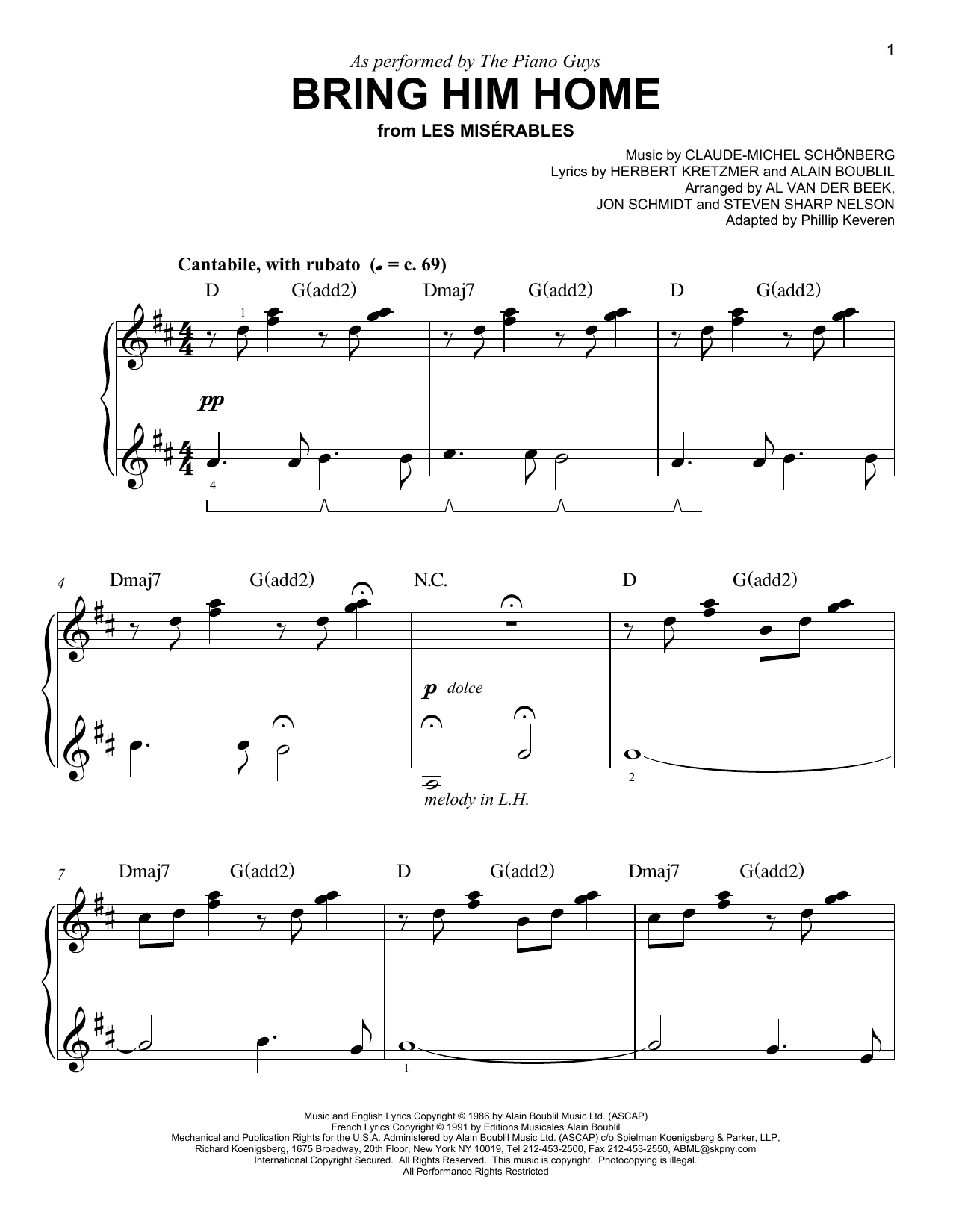 Download The Piano Guys Bring Him Home (arr. Phillip Keveren) Sheet Music and learn how to play Easy Piano PDF digital score in minutes