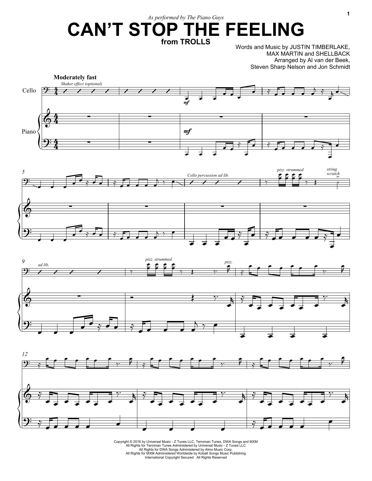 Download The Piano Guys Can't Stop The Feeling Sheet Music and learn how to play Cello PDF digital score in minutes