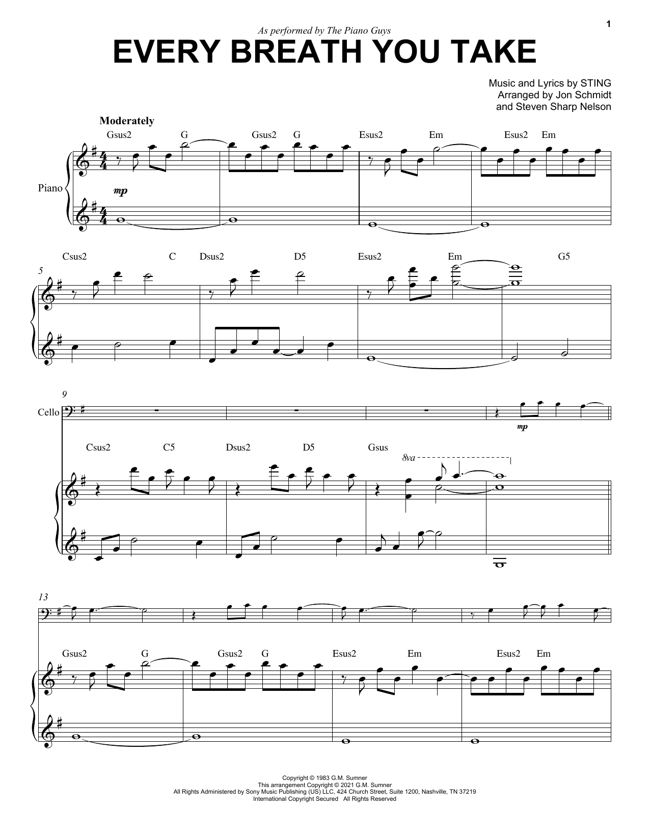 Download The Piano Guys Every Breath You Take Sheet Music and learn how to play Cello and Piano PDF digital score in minutes