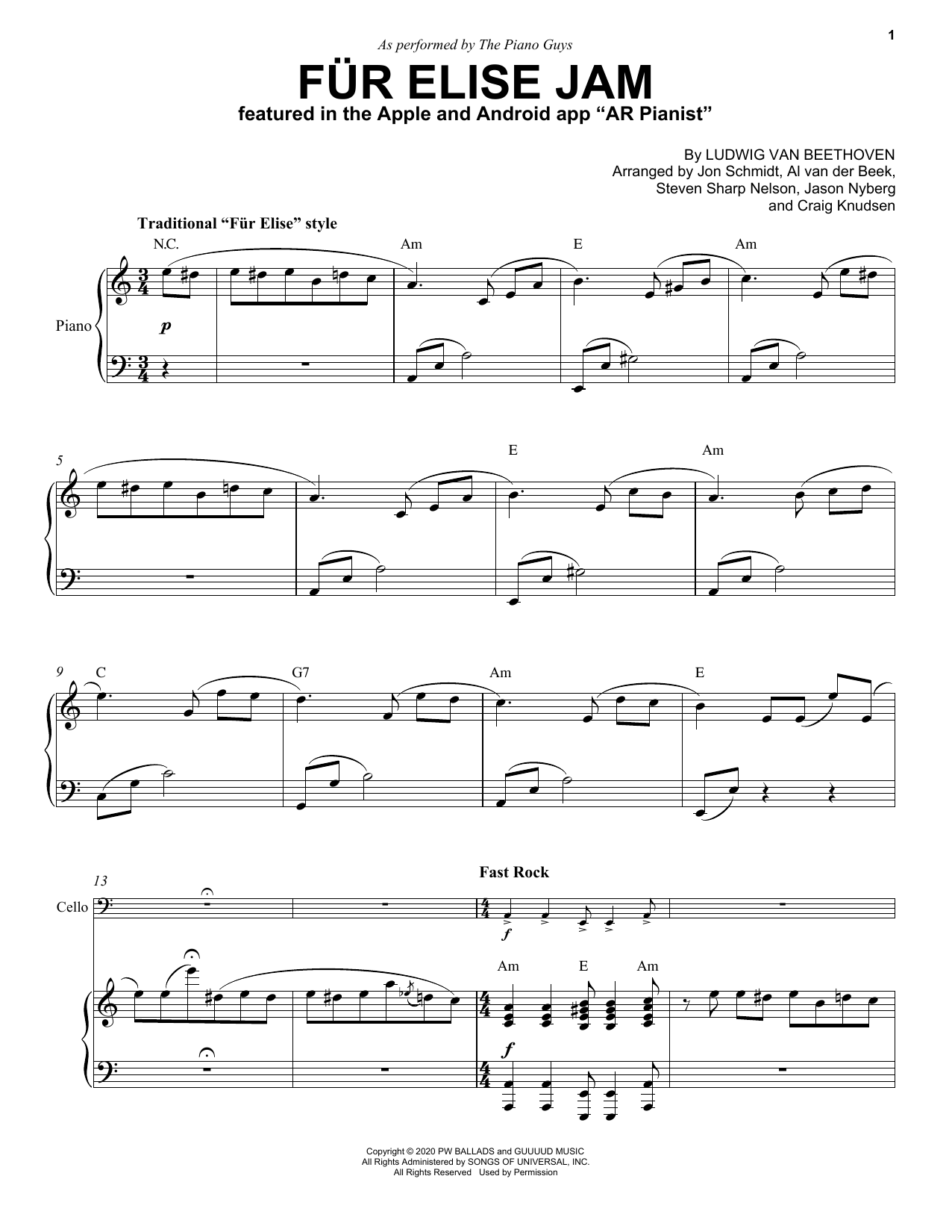 Download The Piano Guys Für Elise Jam Sheet Music and learn how to play Cello and Piano PDF digital score in minutes