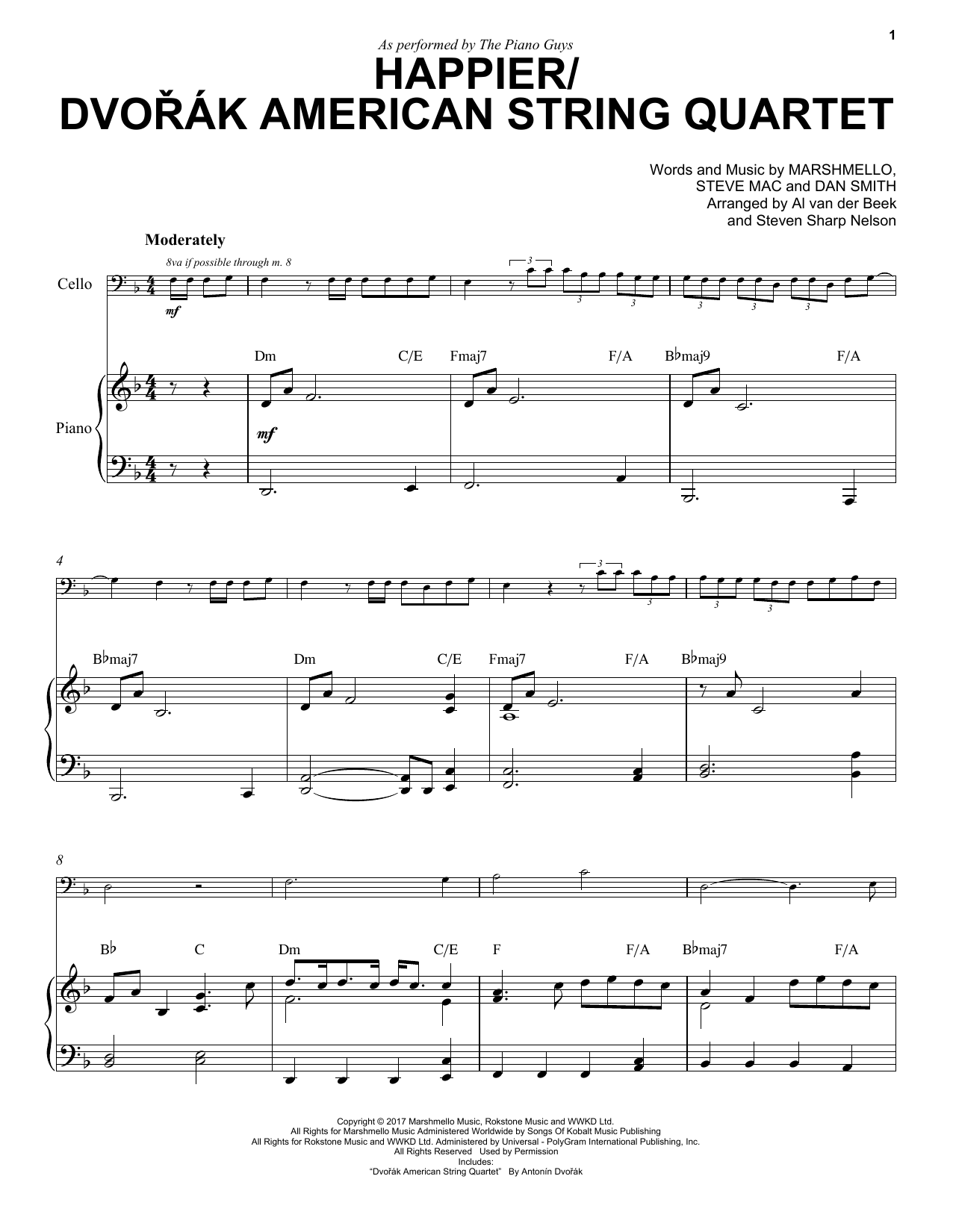 Download The Piano Guys Happier/Dvořák American String Quartet Sheet Music and learn how to play Cello and Piano PDF digital score in minutes