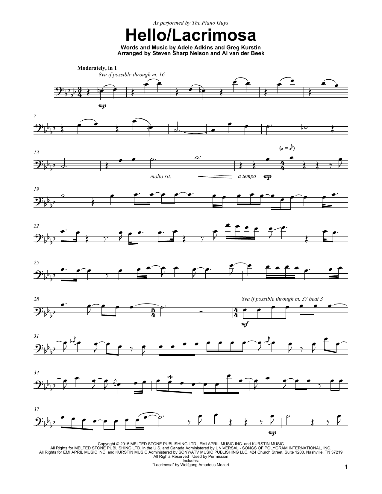 Download The Piano Guys Hello/Lacrimosa Sheet Music and learn how to play Cello PDF digital score in minutes