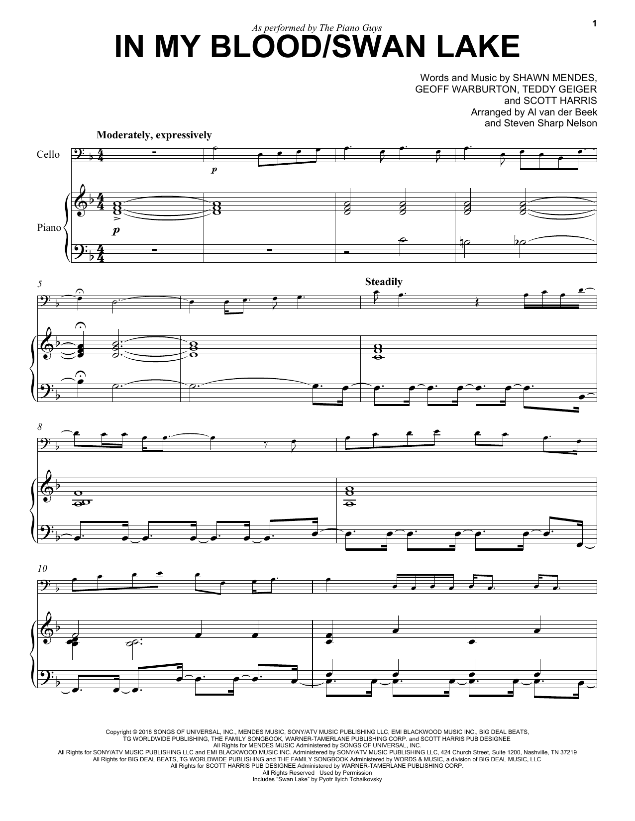 Download The Piano Guys In My Blood / Swan Lake Sheet Music and learn how to play Cello and Piano PDF digital score in minutes