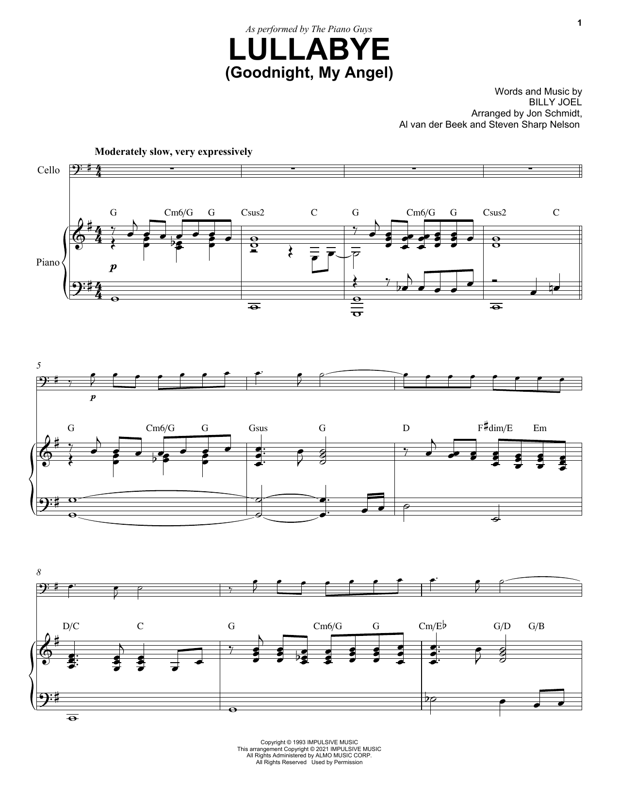 Download The Piano Guys Lullabye (Goodnight, My Angel) Sheet Music and learn how to play Cello and Piano PDF digital score in minutes