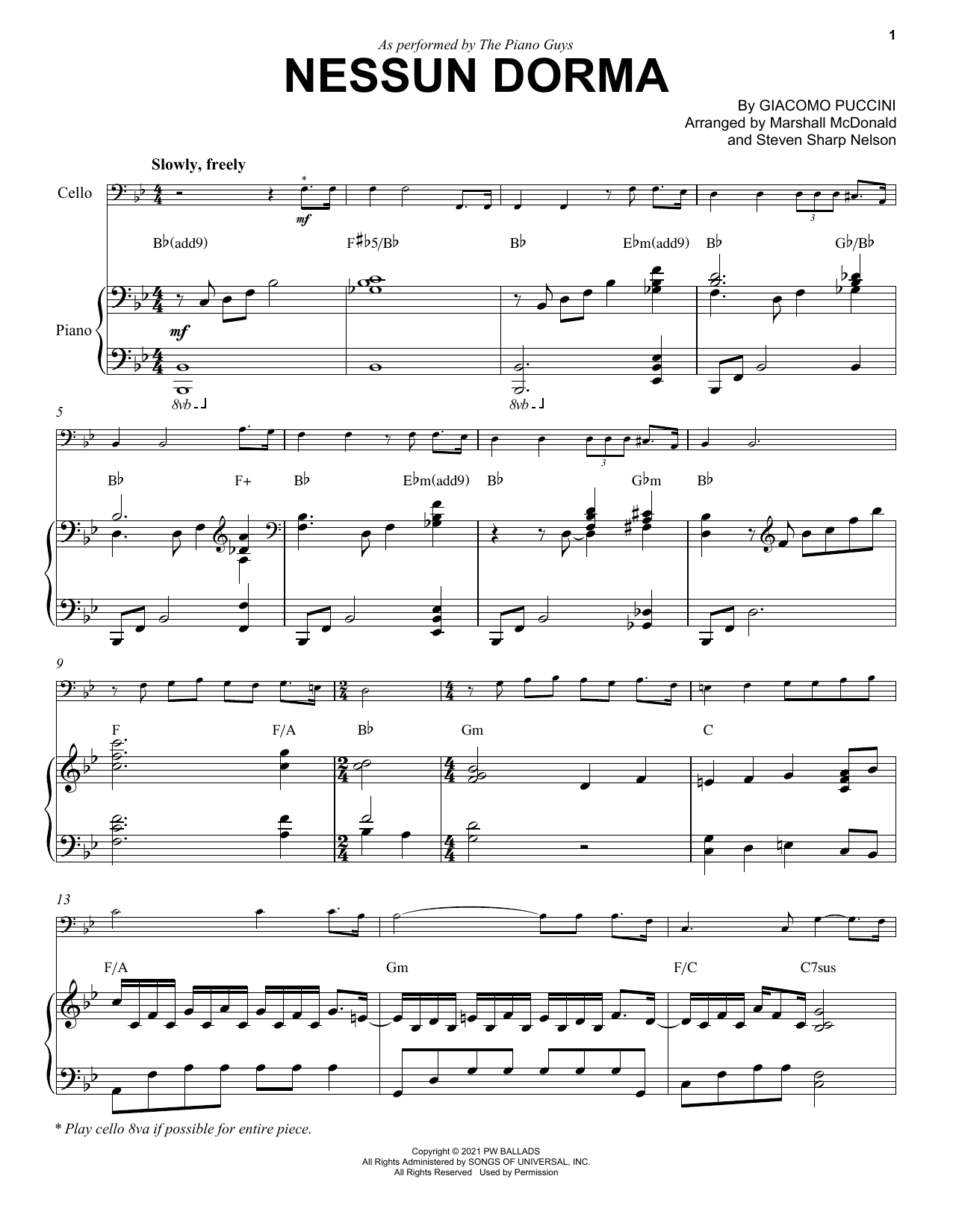 Download The Piano Guys Nessun Dorma Sheet Music and learn how to play Cello and Piano PDF digital score in minutes
