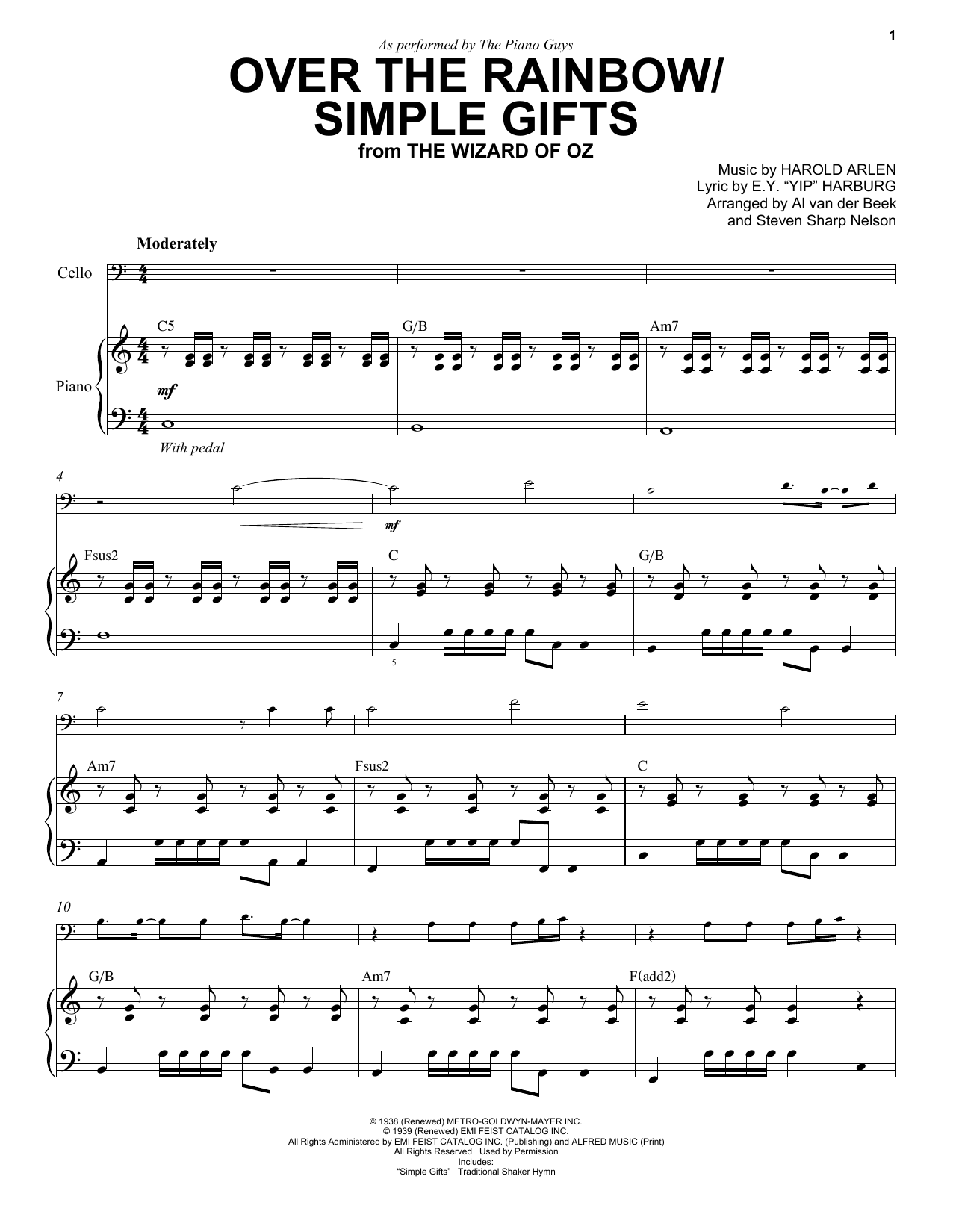 Download The Piano Guys Over The Rainbow/Simple Gifts (from The Wizard Of Oz) Sheet Music and learn how to play Cello and Piano PDF digital score in minutes