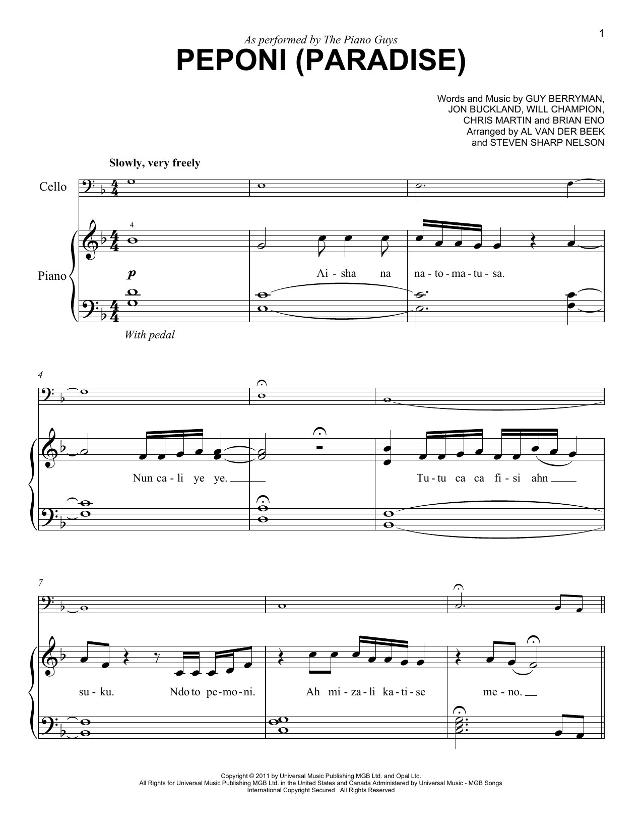 Download The Piano Guys Peponi (Paradise) Sheet Music and learn how to play Easy Piano PDF digital score in minutes