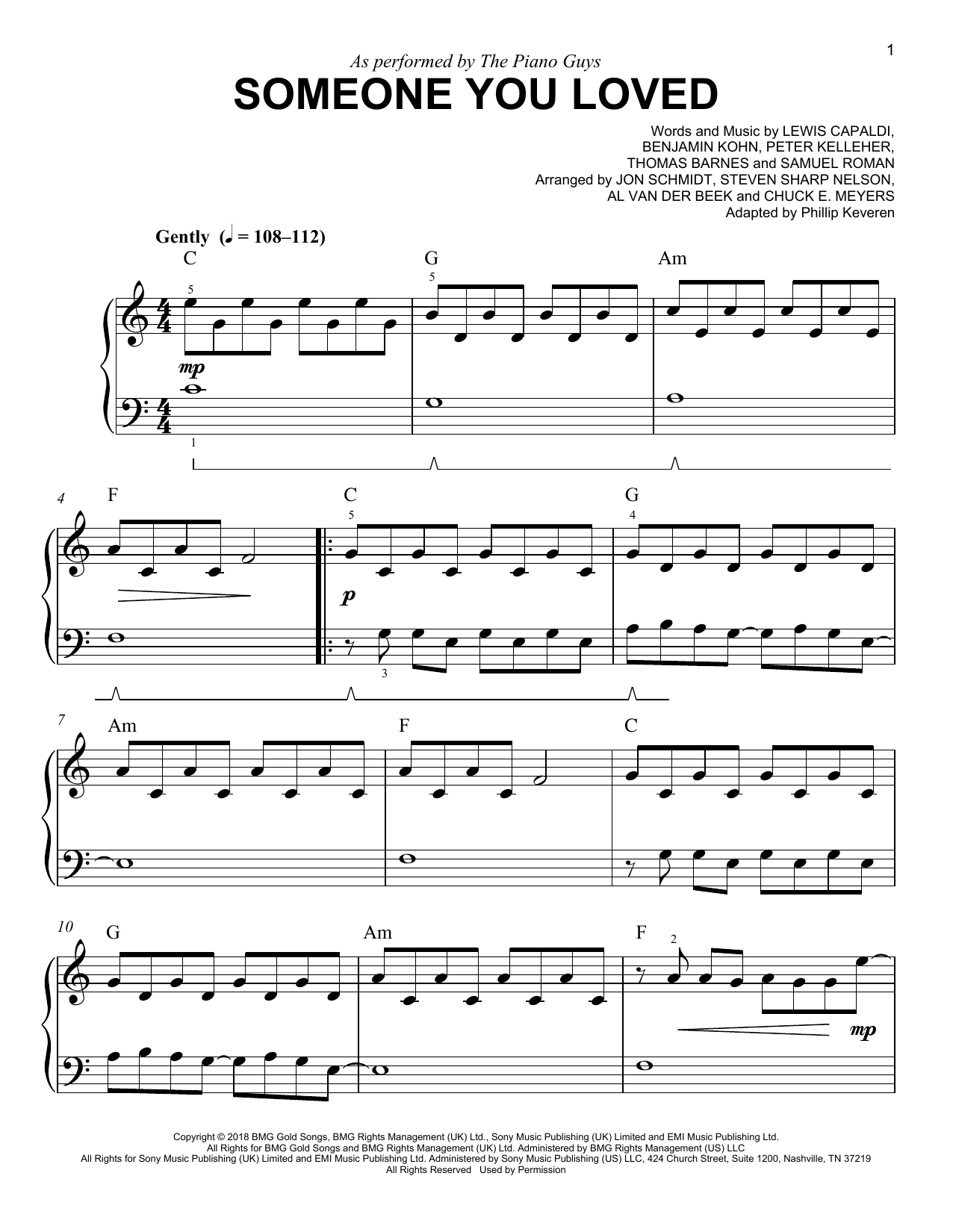 Download The Piano Guys Someone You Loved (arr. Phillip Keveren) Sheet Music and learn how to play Easy Piano PDF digital score in minutes