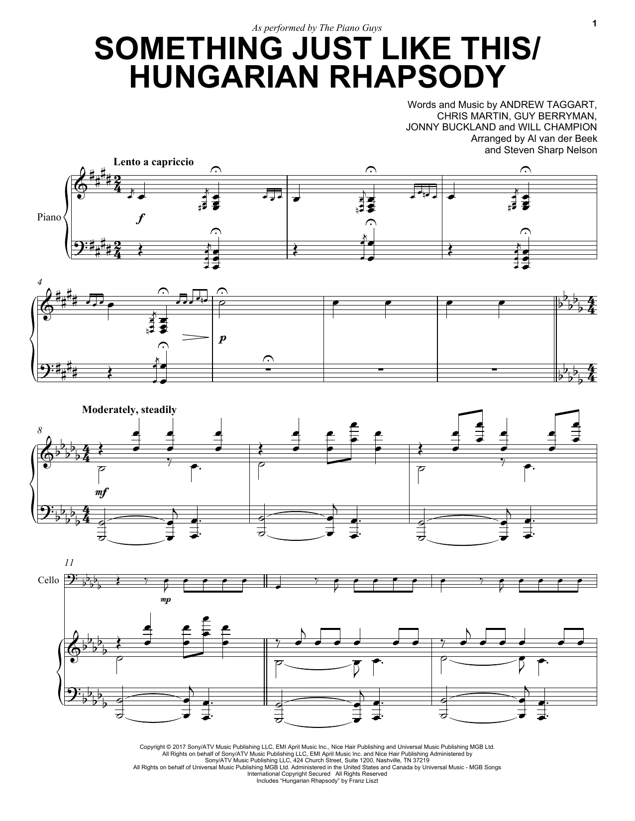 Download The Piano Guys Something Just Like This / Hungarian Rhapsody Sheet Music and learn how to play Cello and Piano PDF digital score in minutes