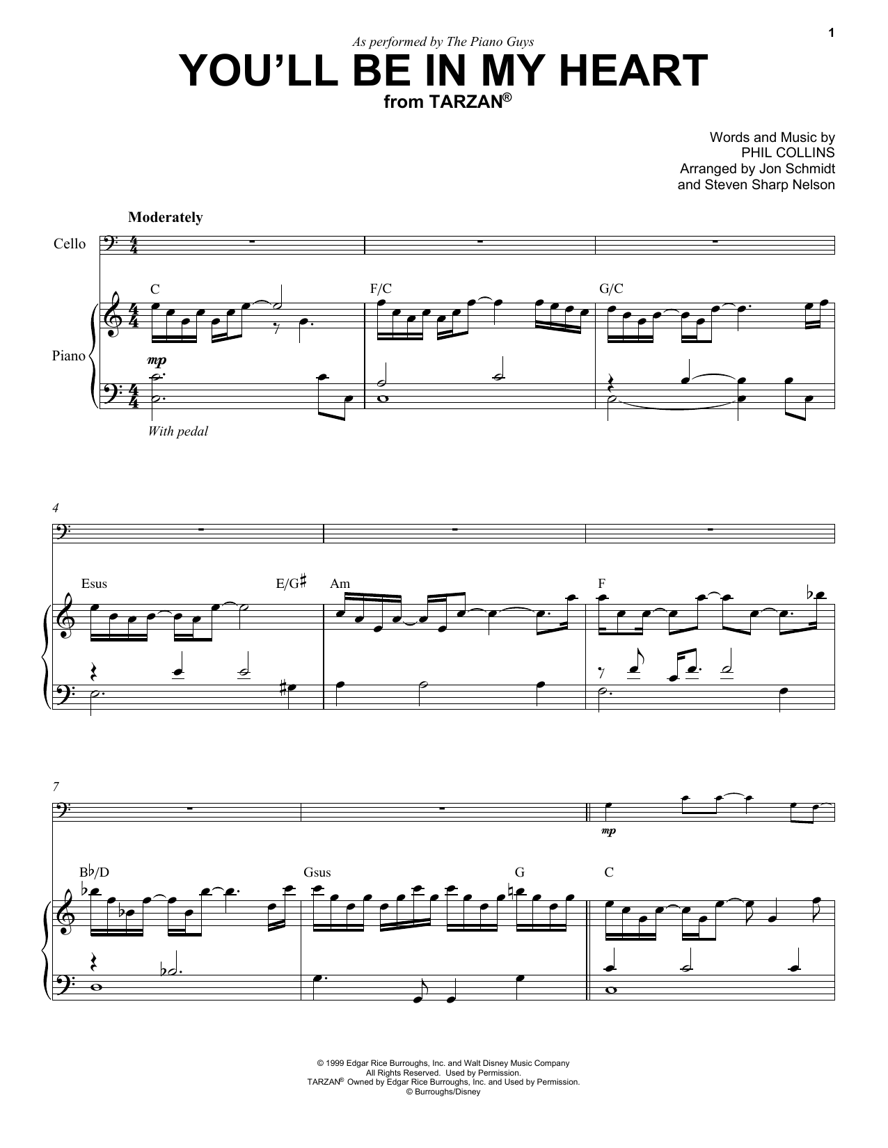 Download The Piano Guys You'll Be In My Heart (from Tarzan) Sheet Music and learn how to play Cello and Piano PDF digital score in minutes