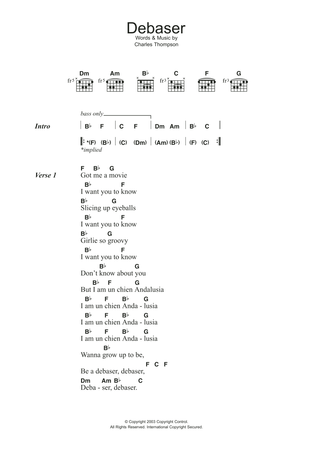 Download The Pixies Debaser Sheet Music and learn how to play Lyrics & Chords PDF digital score in minutes
