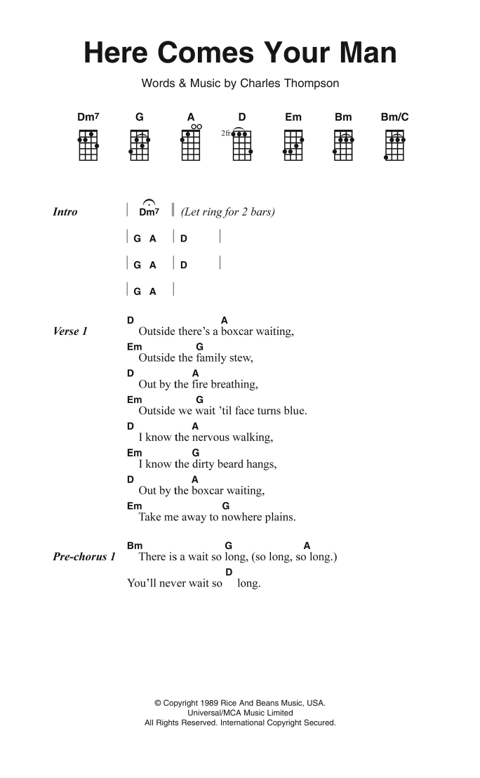 Download The Pixies Here Comes Your Man Sheet Music and learn how to play Ukulele Lyrics & Chords PDF digital score in minutes
