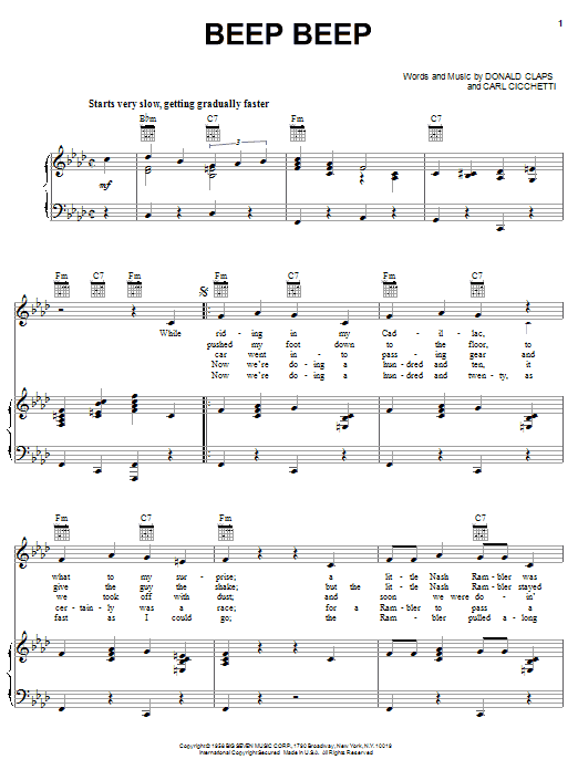 Download The Playmates Beep Beep Sheet Music and learn how to play Piano, Vocal & Guitar (Right-Hand Melody) PDF digital score in minutes
