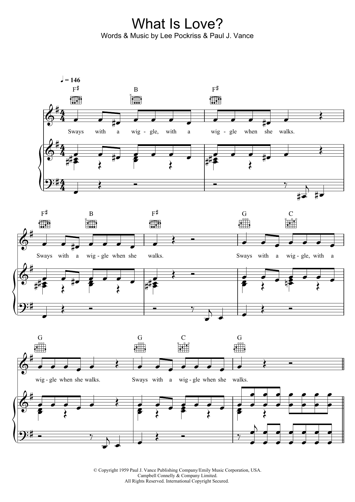 Download The Playmates What Is Love? Sheet Music and learn how to play Piano, Vocal & Guitar (Right-Hand Melody) PDF digital score in minutes