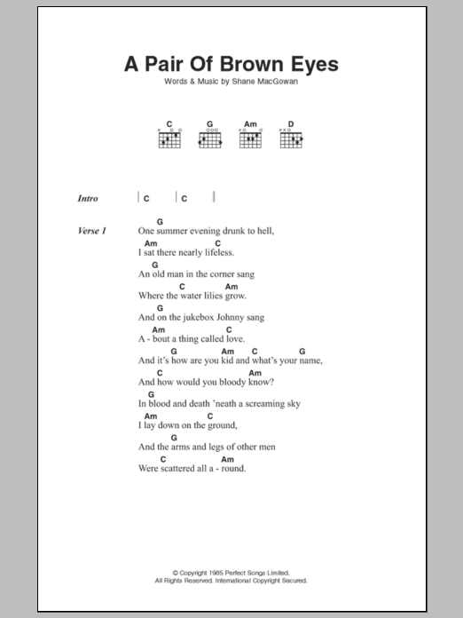 Download The Pogues A Pair Of Brown Eyes Sheet Music and learn how to play Lyrics & Chords PDF digital score in minutes