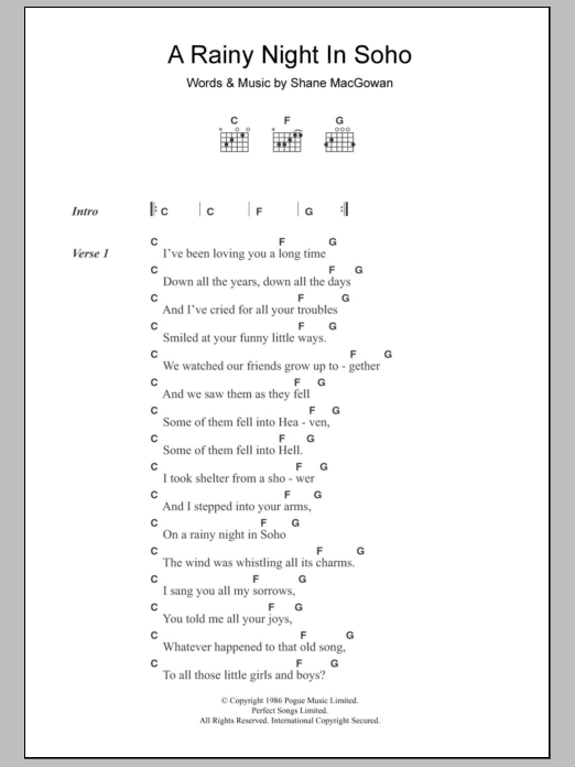 Download The Pogues A Rainy Night In Soho Sheet Music and learn how to play Lyrics & Chords PDF digital score in minutes
