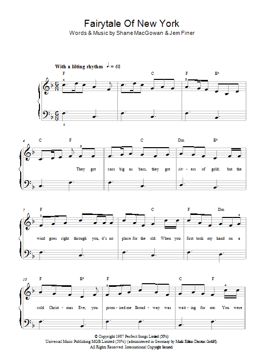 Download The Pogues & Kirsty MacColl Fairytale Of New York Sheet Music and learn how to play Melody Line, Lyrics & Chords PDF digital score in minutes