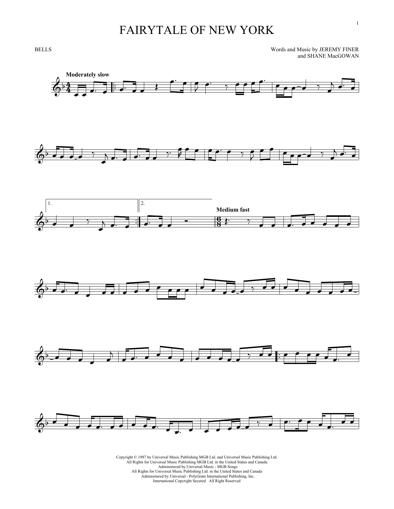 Download The Pogues feat. Kirsty MacColl Fairytale Of New York Sheet Music and learn how to play Bells Solo PDF digital score in minutes