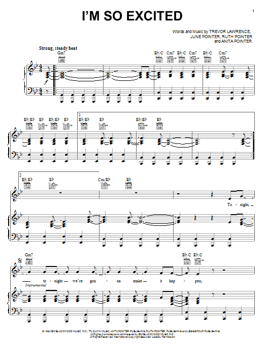 Download The Pointer Sisters I'm So Excited Sheet Music and learn how to play Piano, Vocal & Guitar (Right-Hand Melody) PDF digital score in minutes