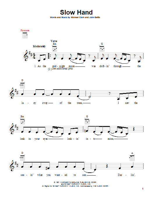 Download The Pointer Sisters Slow Hand Sheet Music and learn how to play Ukulele PDF digital score in minutes