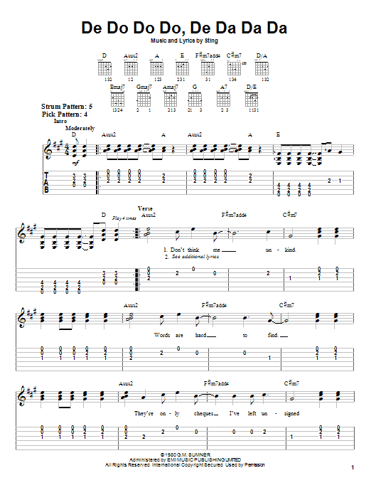 Download The Police De Do Do Do, De Da Da Da Sheet Music and learn how to play Easy Guitar Tab PDF digital score in minutes