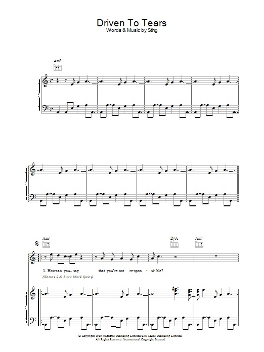 Download The Police Driven To Tears Sheet Music and learn how to play Piano, Vocal & Guitar PDF digital score in minutes
