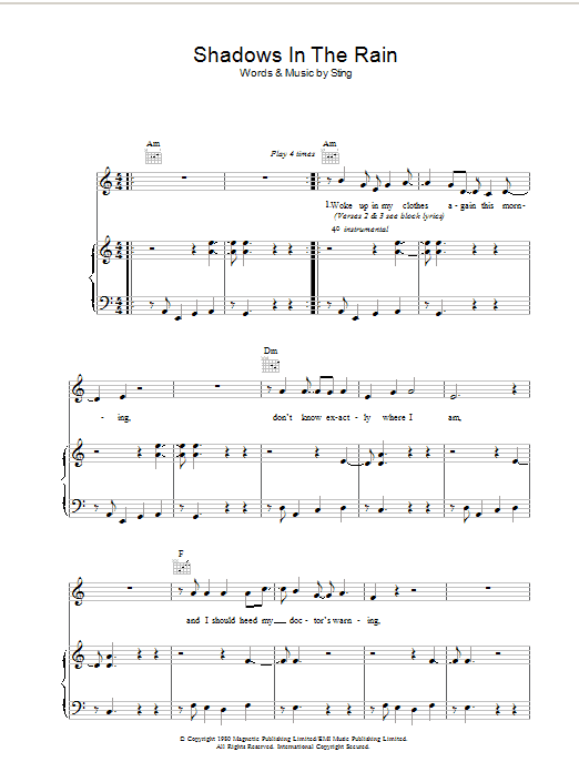 Download The Police Shadows In The Rain Sheet Music and learn how to play Piano, Vocal & Guitar PDF digital score in minutes