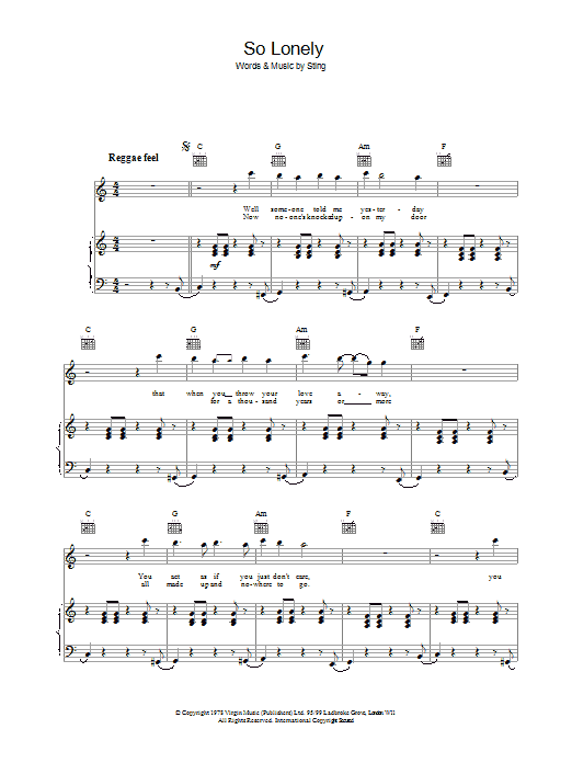 Download The Police So Lonely Sheet Music and learn how to play Piano, Vocal & Guitar PDF digital score in minutes