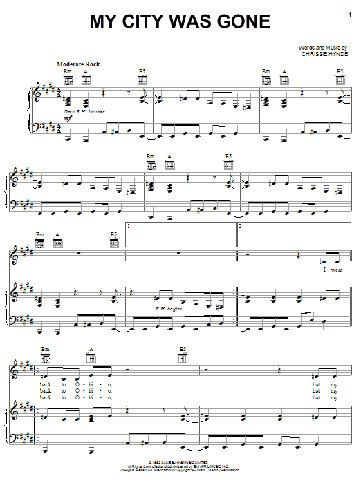 Download The Pretenders My City Was Gone Sheet Music and learn how to play Piano, Vocal & Guitar (Right-Hand Melody) PDF digital score in minutes