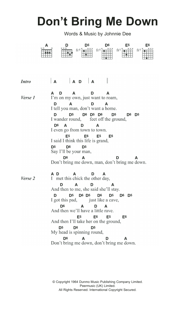 Download The Pretty Things Don't Bring Me Down Sheet Music and learn how to play Lyrics & Chords PDF digital score in minutes