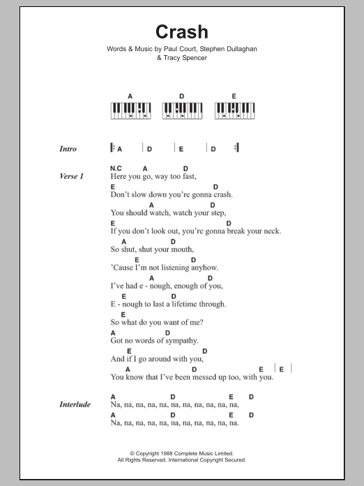 Download The Primitives Crash Sheet Music and learn how to play Lyrics & Piano Chords PDF digital score in minutes