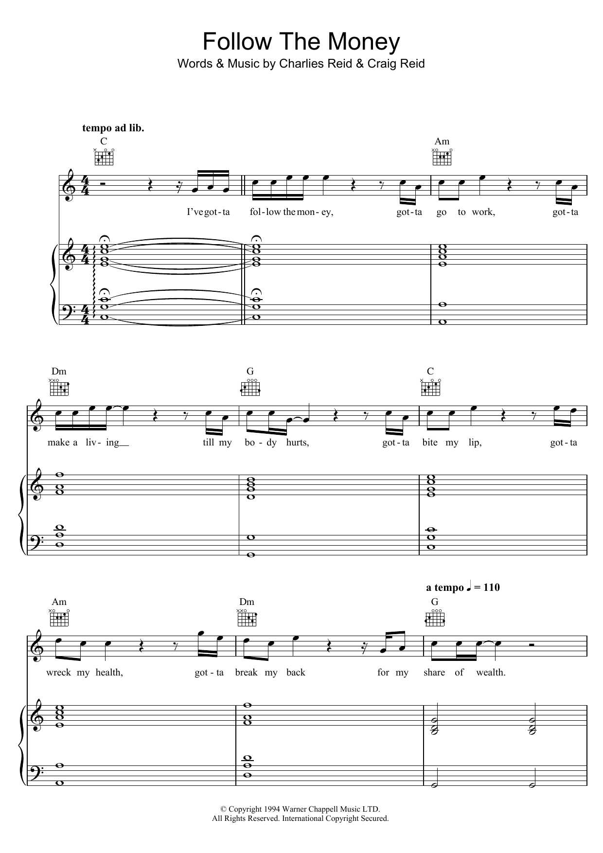 Download The Proclaimers Follow The Money Sheet Music and learn how to play Piano, Vocal & Guitar PDF digital score in minutes