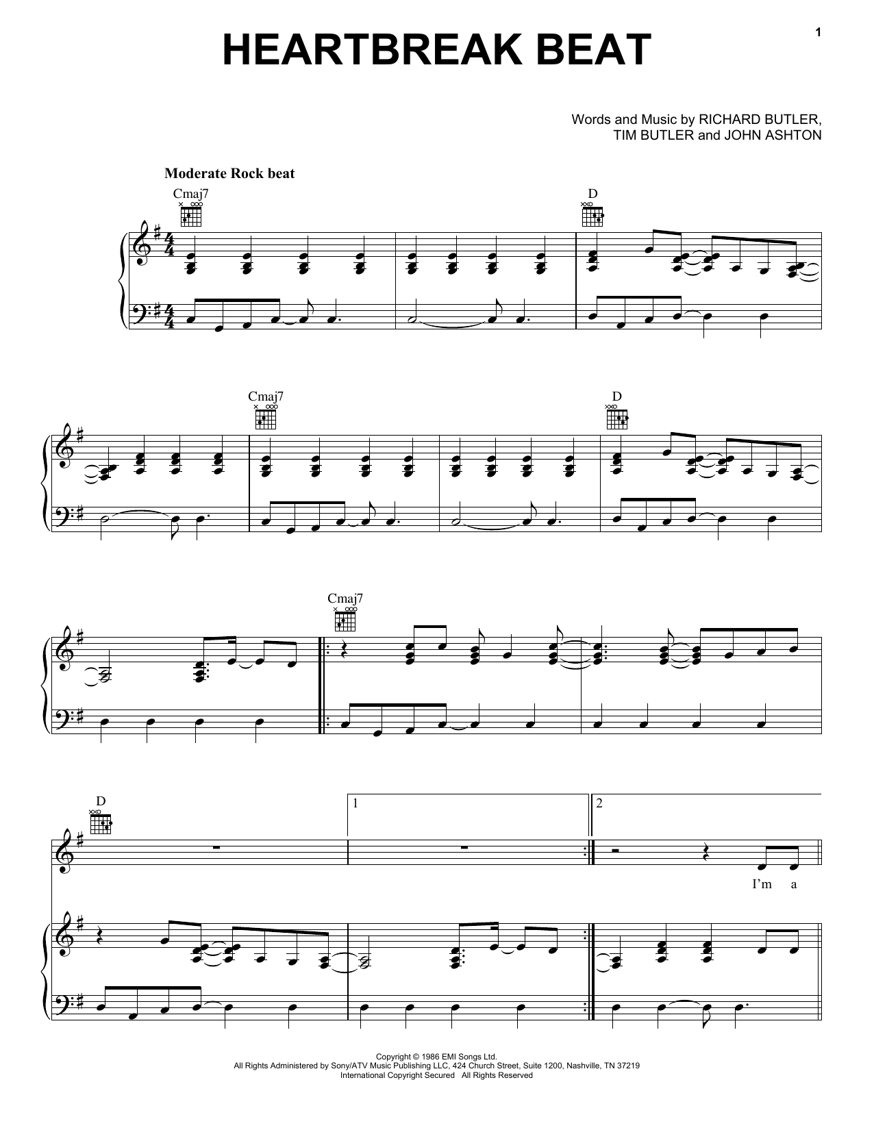 Download The Psychedelic Furs Heartbreak Beat Sheet Music and learn how to play Piano, Vocal & Guitar Chords (Right-Hand Melody) PDF digital score in minutes