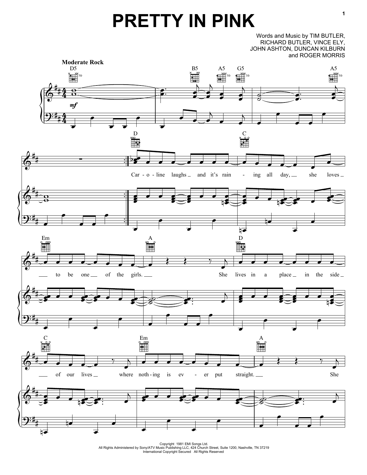 Download The Psychedelic Furs Pretty In Pink Sheet Music and learn how to play Lyrics & Chords PDF digital score in minutes