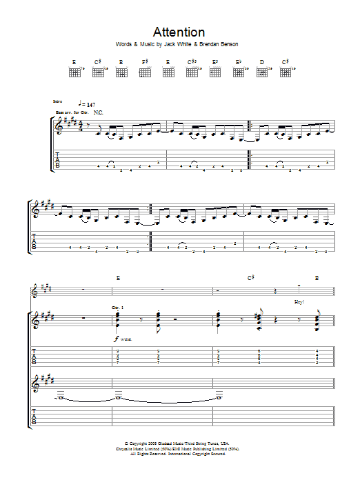 Download The Raconteurs Attention Sheet Music and learn how to play Guitar Tab PDF digital score in minutes