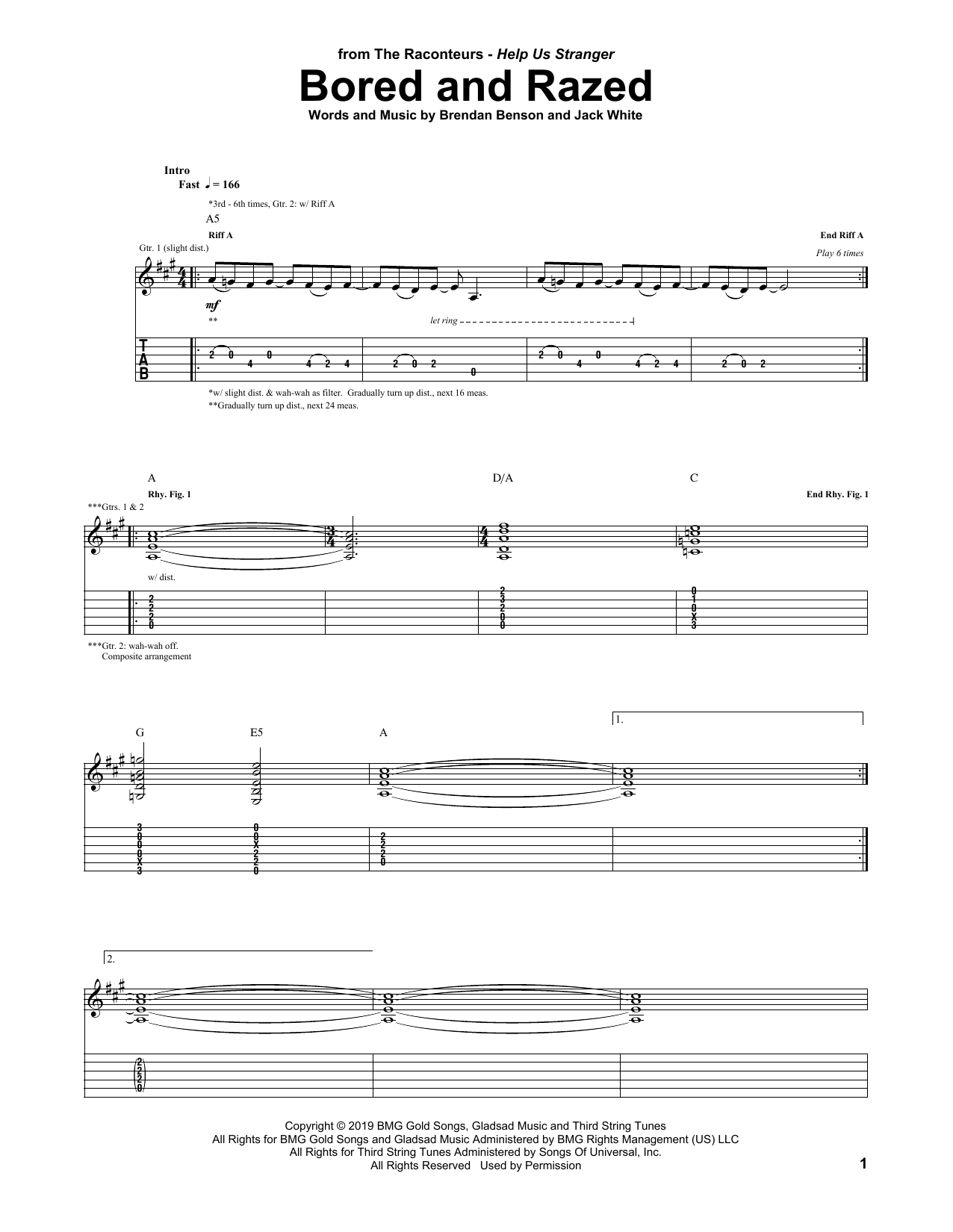 Download The Raconteurs Bored And Razed Sheet Music and learn how to play Guitar Tab PDF digital score in minutes
