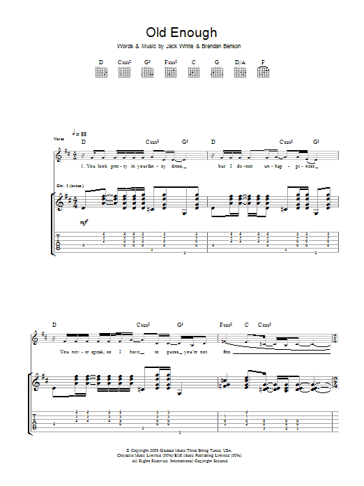 Download The Raconteurs Old Enough Sheet Music and learn how to play Guitar Tab PDF digital score in minutes