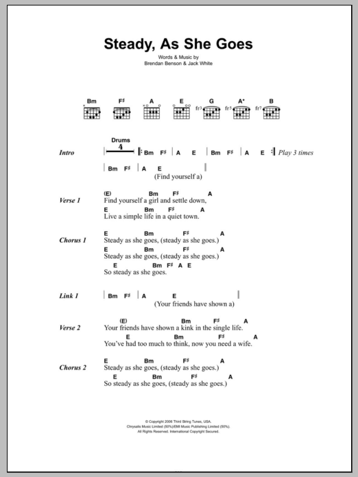 Download The Raconteurs Steady, As She Goes Sheet Music and learn how to play Guitar Lead Sheet PDF digital score in minutes