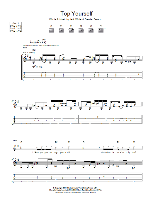 Download The Raconteurs Top Yourself Sheet Music and learn how to play Guitar Tab PDF digital score in minutes