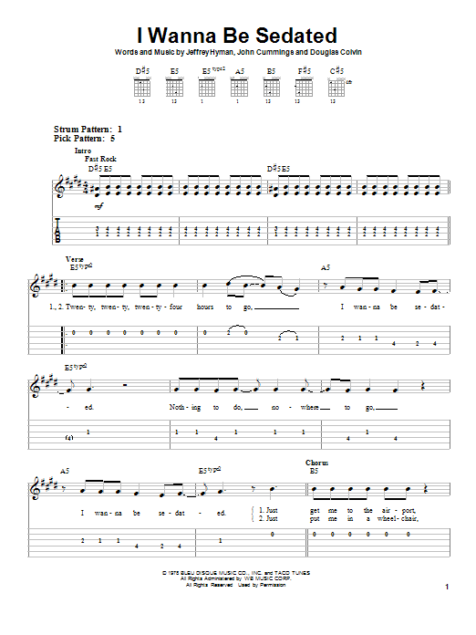 Download Ramones I Wanna Be Sedated Sheet Music and learn how to play Piano, Vocal & Guitar (Right-Hand Melody) PDF digital score in minutes