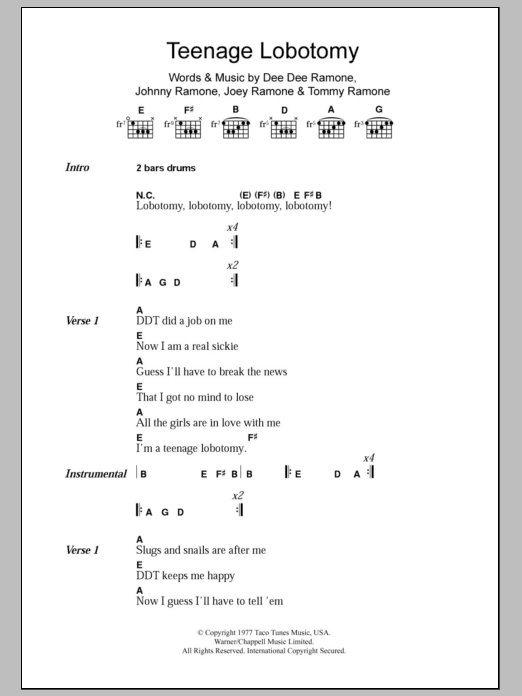 Download Ramones Teenage Lobotomy Sheet Music and learn how to play Lyrics & Chords PDF digital score in minutes