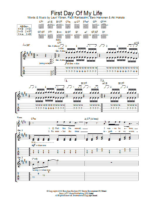 Download The Rasmus First Day Of My Life Sheet Music and learn how to play Guitar Tab PDF digital score in minutes