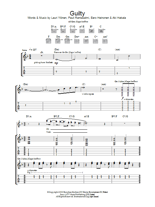 Download The Rasmus Guilty Sheet Music and learn how to play Guitar Tab PDF digital score in minutes