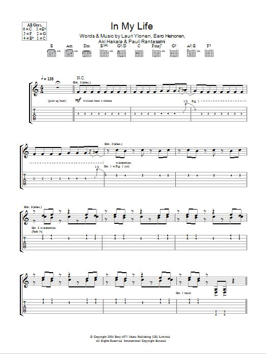 Download The Rasmus In My Life Sheet Music and learn how to play Guitar Tab PDF digital score in minutes