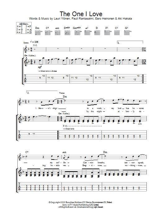 Download The Rasmus The One I Love Sheet Music and learn how to play Guitar Tab PDF digital score in minutes