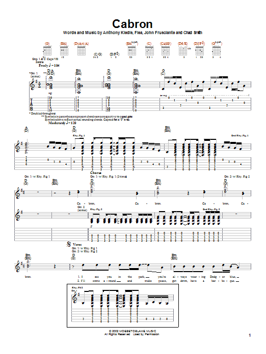 Download Red Hot Chili Peppers Cabron Sheet Music and learn how to play Guitar Tab PDF digital score in minutes