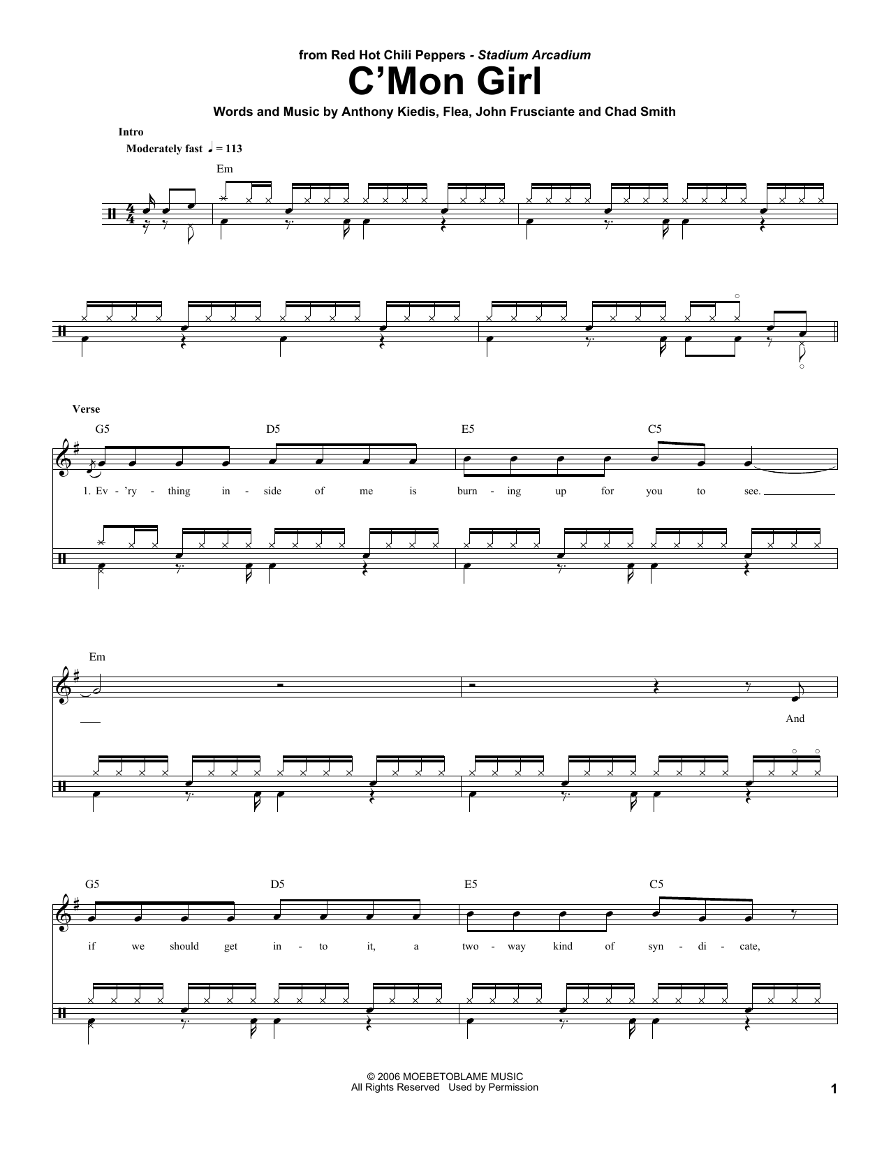 Download Red Hot Chili Peppers C'Mon Girl Sheet Music and learn how to play Drums Transcription PDF digital score in minutes