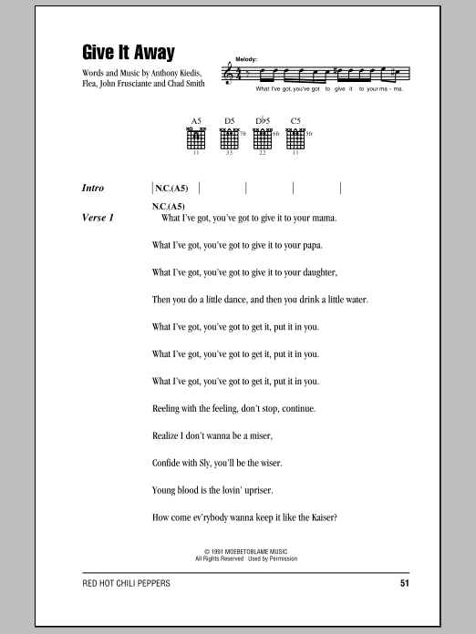 Download Red Hot Chili Peppers Give It Away Sheet Music and learn how to play Lyrics & Chords PDF digital score in minutes
