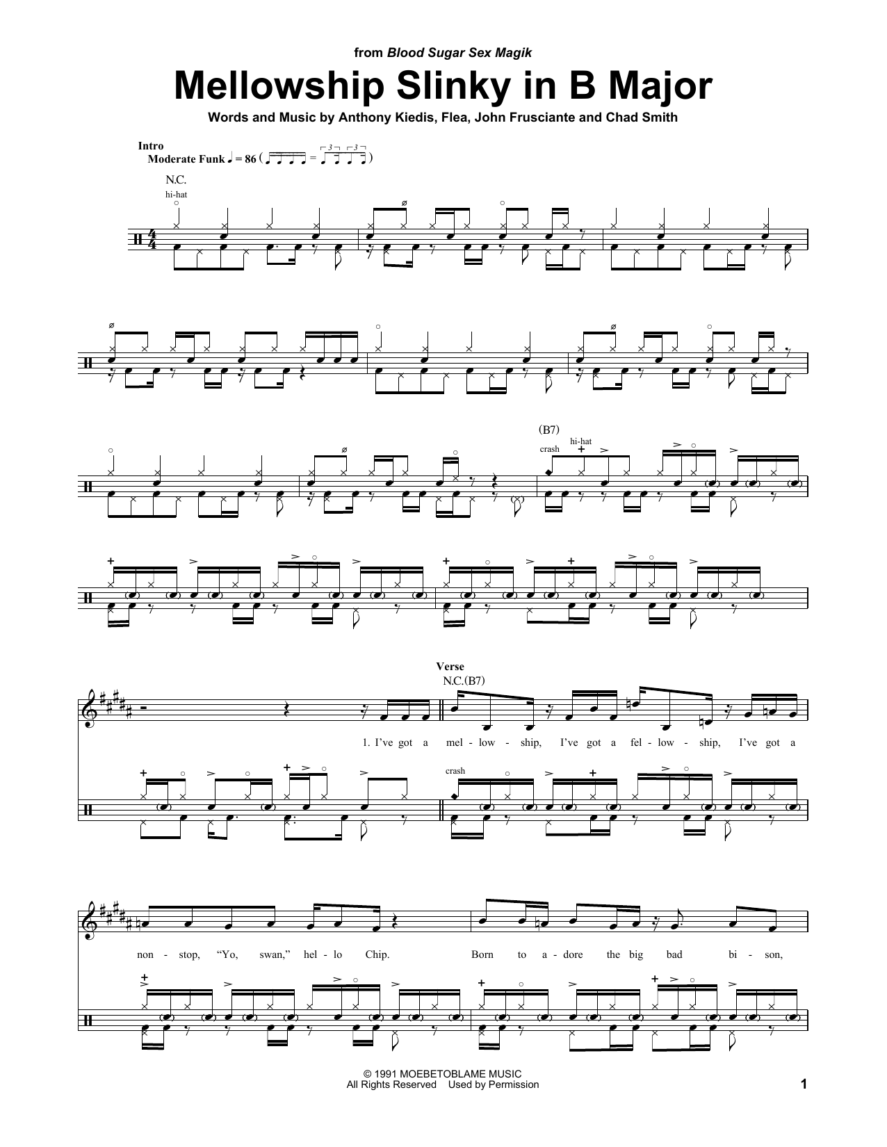 Download Red Hot Chili Peppers Mellowship Slinky In B Major Sheet Music and learn how to play Drums Transcription PDF digital score in minutes